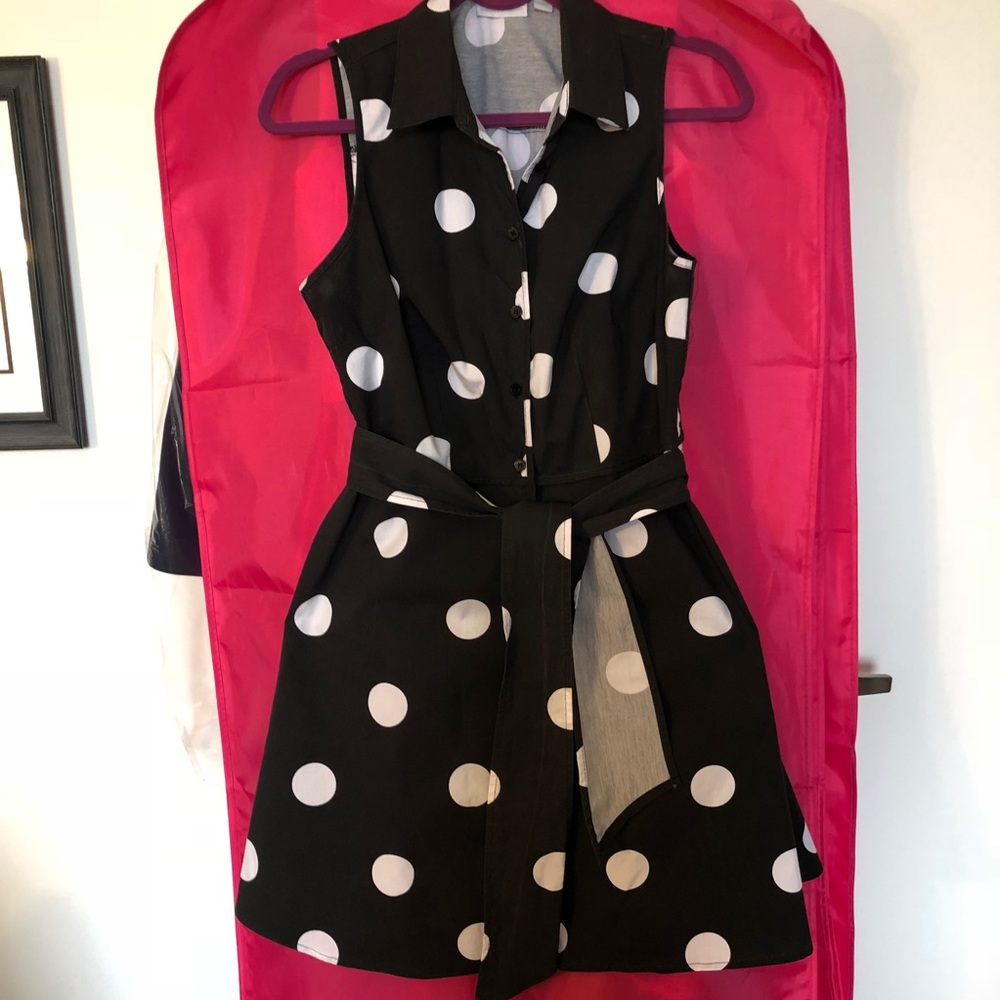 NY & Co Black Dot Print Poplin Fit & Flare Dress, S - Picture 3 of 8